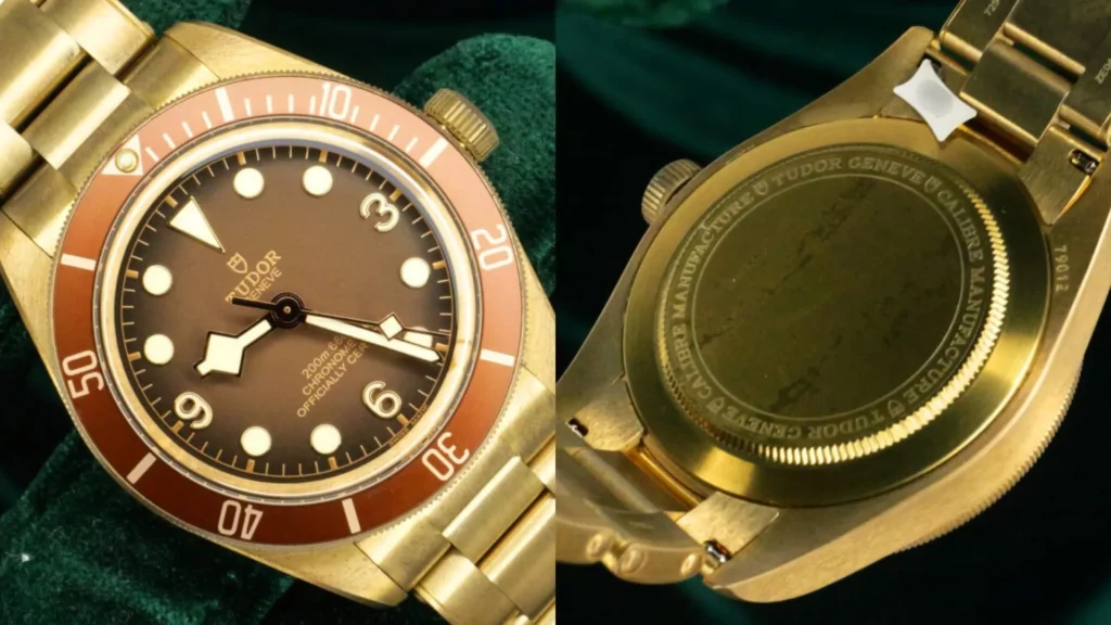Bronze Tudor Black Bay Fifty-Eight with brown dial and bezel beside close-up of its engraved bronze caseband and bracelet on dark green velvet