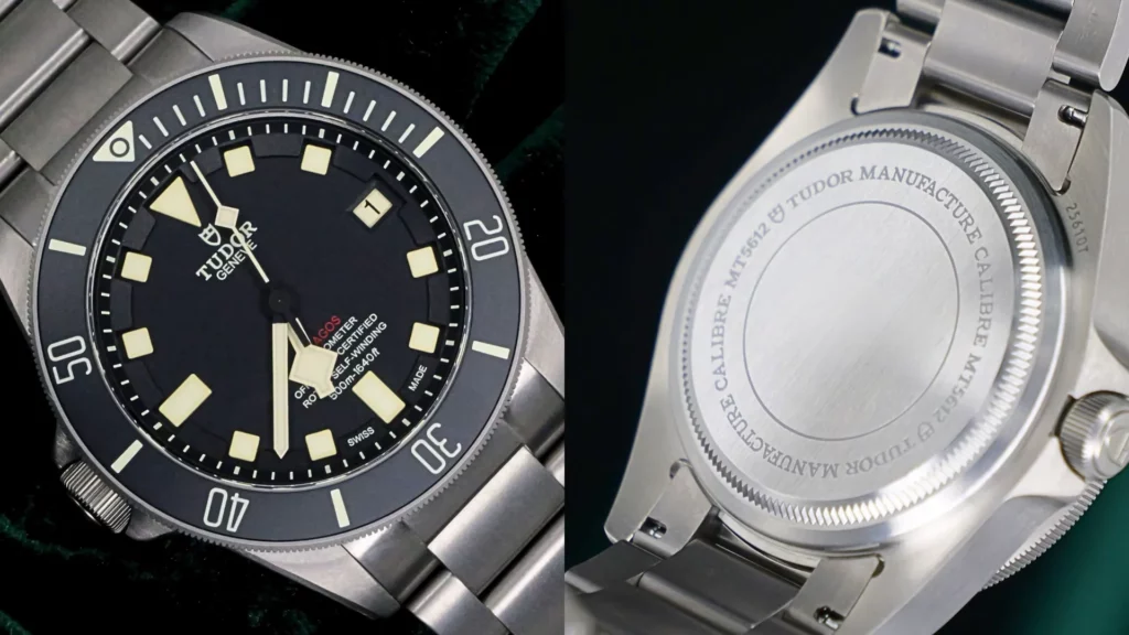 Titanium Tudor Pelagos LHD diver with black dial beside its engraved caseback on dark background