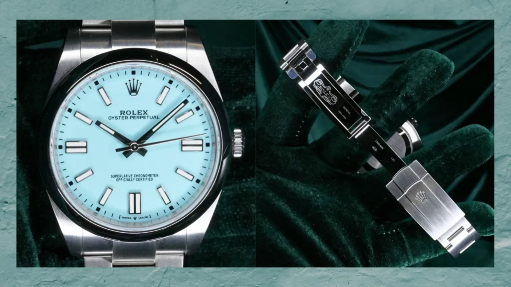 Rolex Oyster Perpetual with turquoise dial shown in a split image, with a close-up of the dial and Oyster case on the left and the bracelet clasp detail on the right.