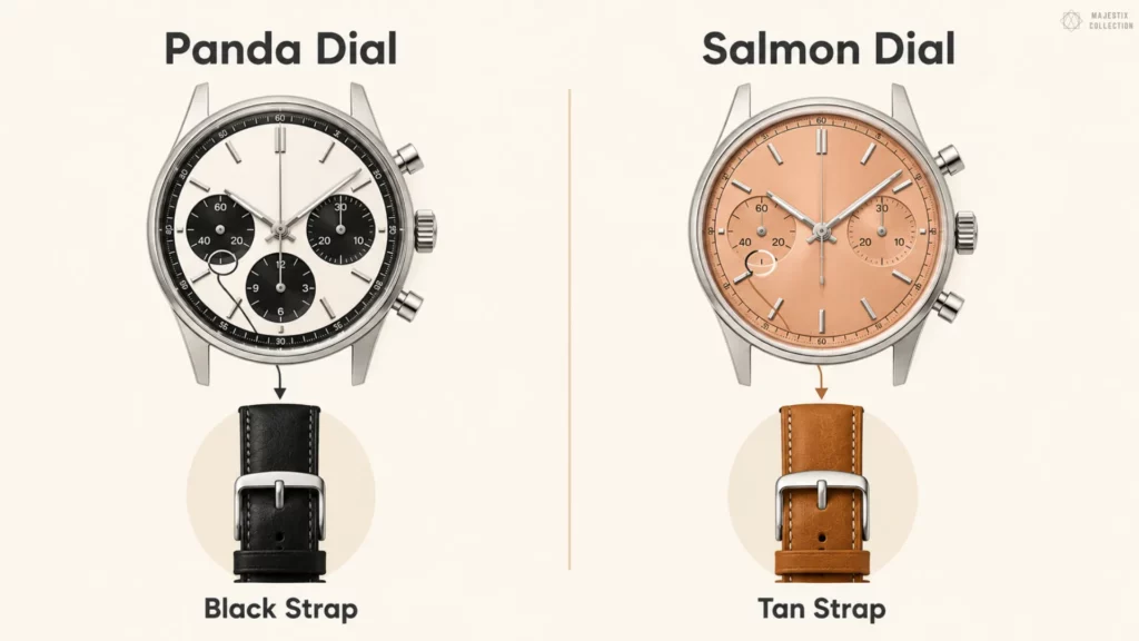 Strap pairing guide: panda dial chronograph with black strap, salmon dial chronograph with tan strap