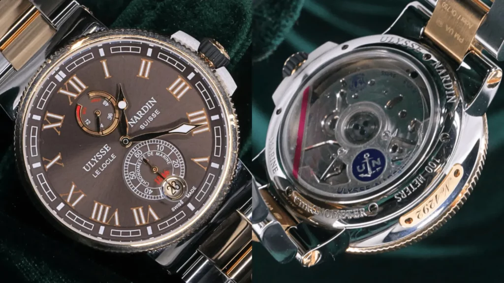 Two-tone Ulysse Nardin Marine Chronometer with brown dial and power reserve beside close-up of its exhibition caseback on dark green velvet