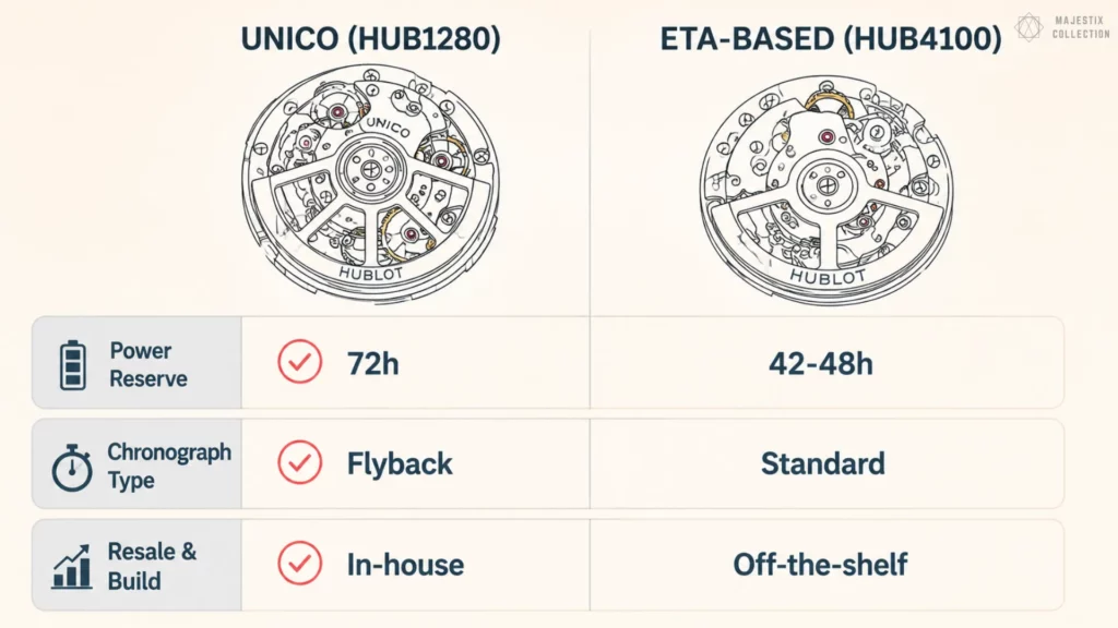Comparison chart of Hublot's Unico HUB1280 and ETA-based HUB4100 movements across power reserve, chronograph type, and build