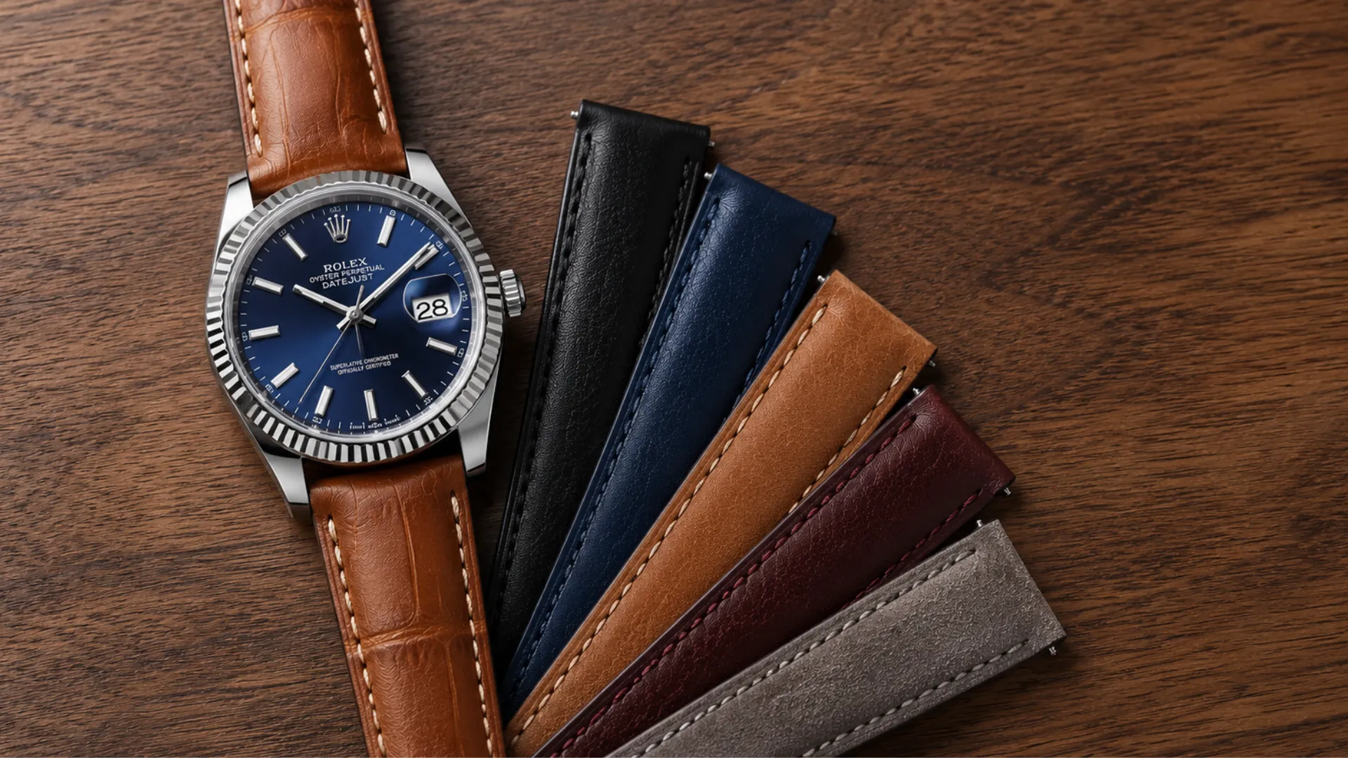 Rolex Datejust with blue dial on tan strap fanned out beside black, navy, cognac, burgundy, and grey leather straps on wood