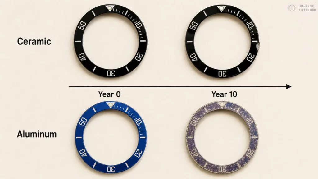 Ceramic versus aluminum bezels after 10 years: ceramic stays crisp while blue aluminum fades and pits