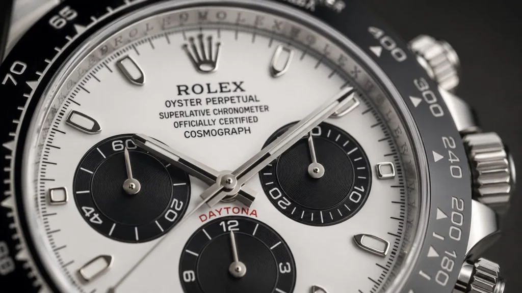 Extreme close-up of a Rolex Daytona white panda dial showing black subdials, red Daytona text, and Cosmograph markings