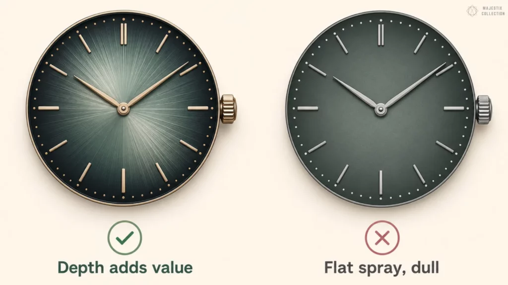 Two green fumé dials compared: one with depth, one flat and dull