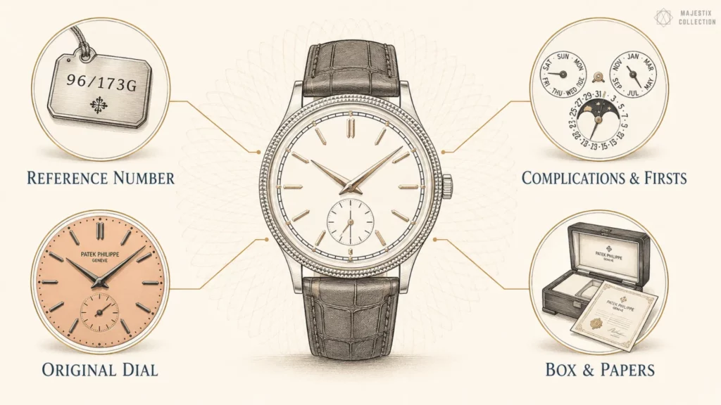 Illustrated guide showing reference number, original dial, complications, and box and papers around a Calatrava
