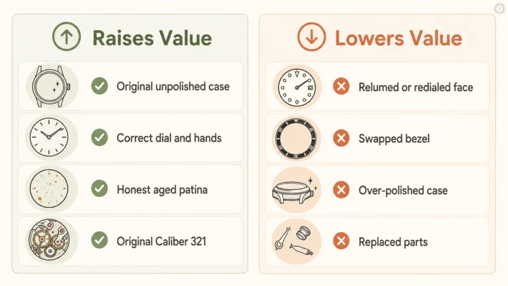 Checklist comparing features that raise value versus features that lower value for vintage Omega watches