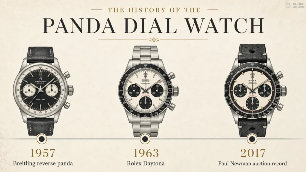 Panda dial watch history timeline: 1957 Breitling Top Time reverse panda, 1963 Rolex Daytona, and 2017 Paul Newman auction record