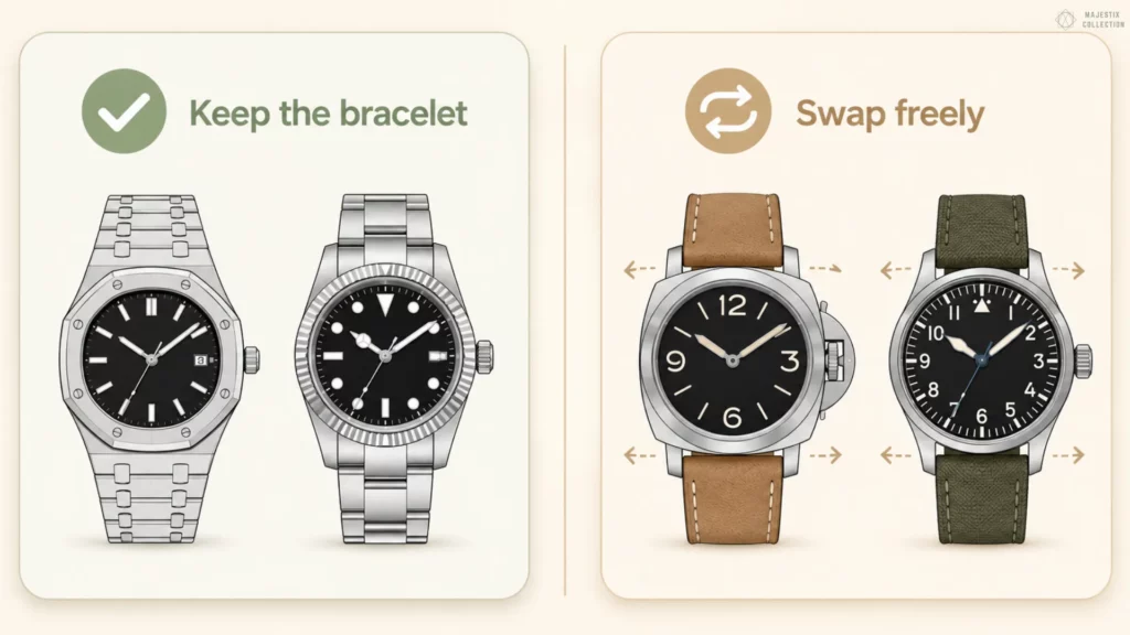 Integrated bracelet sports watches marked keep the bracelet versus Panerai and pilot watches marked swap freely