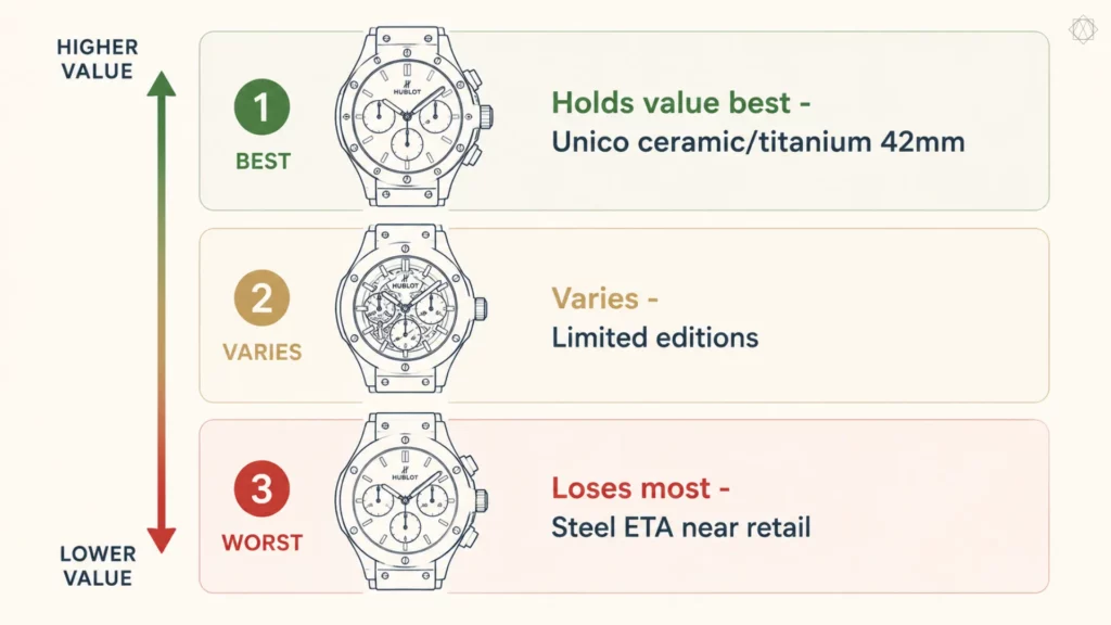 Ranking graphic showing which Big Bang models hold value best, from Unico ceramic to steel ETA