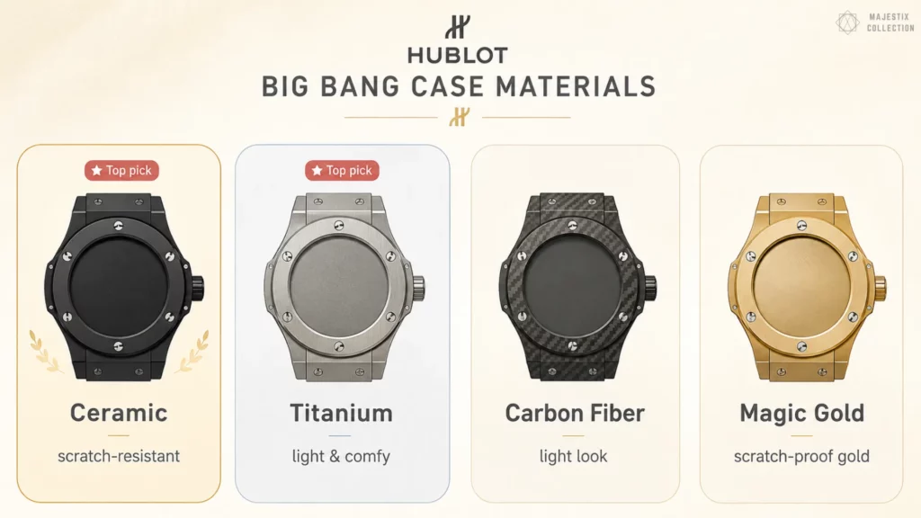 Four Hublot Big Bang case materials compared: ceramic, titanium, carbon fiber, and Magic Gold