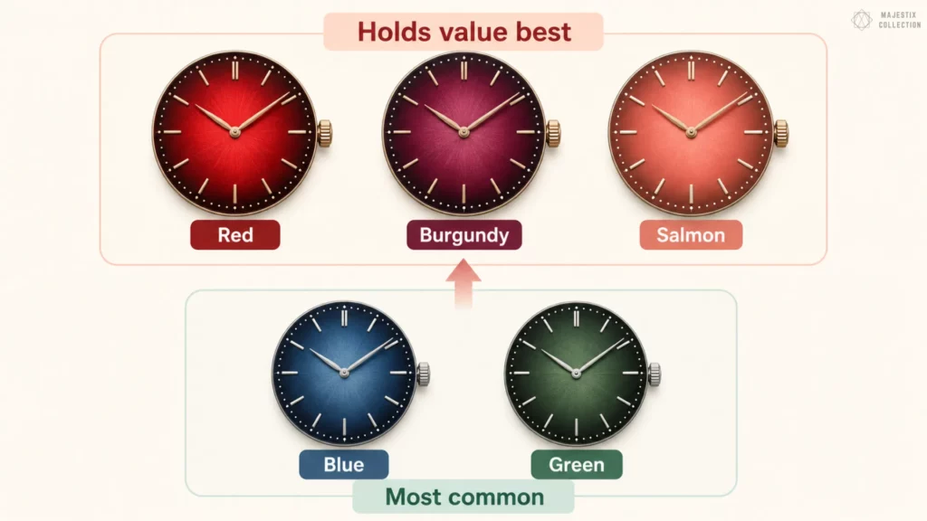 Fumé dial colors ranked: red, burgundy, salmon hold value best; blue and green most common