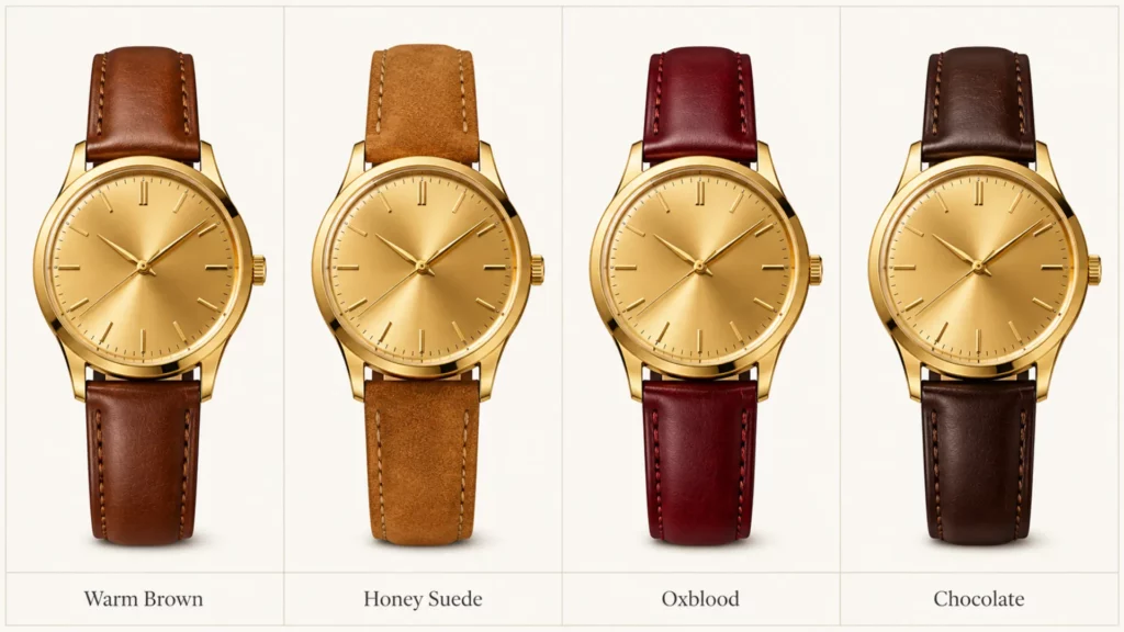 Four best strap colors for a champagne dial: warm brown, honey suede, oxblood, and chocolate compared side by side