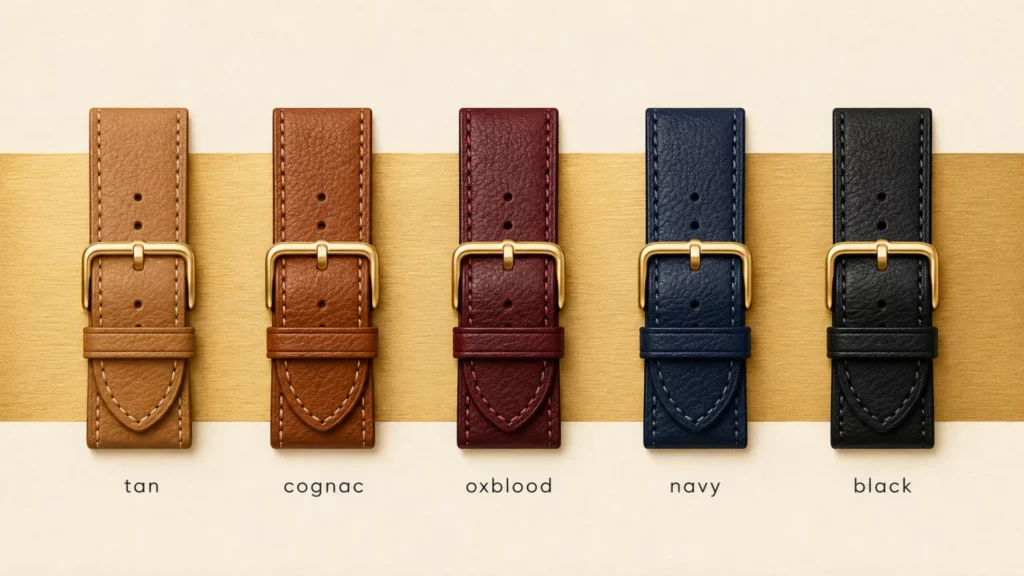 Chart of the five best strap colors for a two-tone case: tan, cognac, oxblood, navy, and black against gold