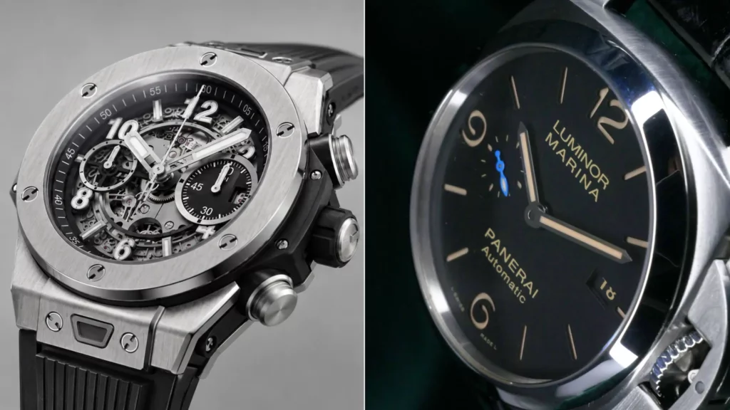 Hublot Big Bang round H-screw case compared to Panerai Luminor cushion crown-bridge case