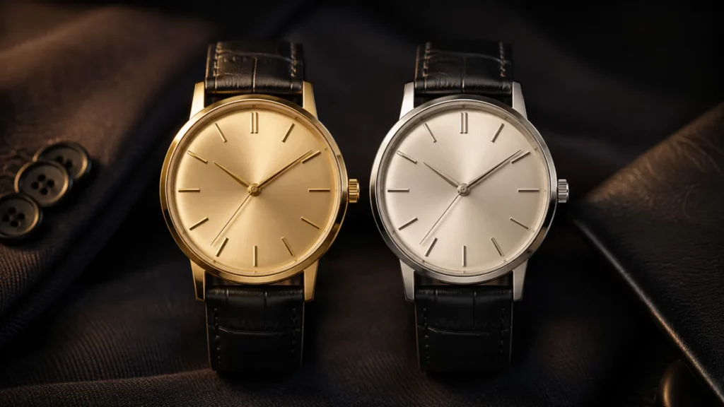 How case metal changes champagne dial strap choice across steel, yellow gold, and rose gold cases Black strap on champagne dial compared: golden champagne in gold works, pale champagne in steel looks severe