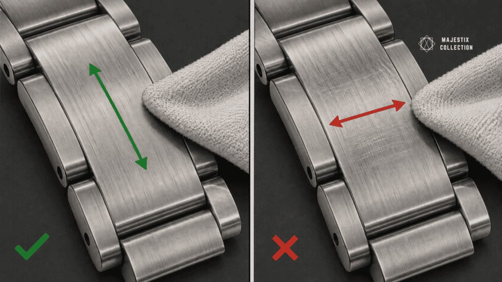 Diagram showing how to wipe a brushed steel watch bracelet along the grain to avoid scratches