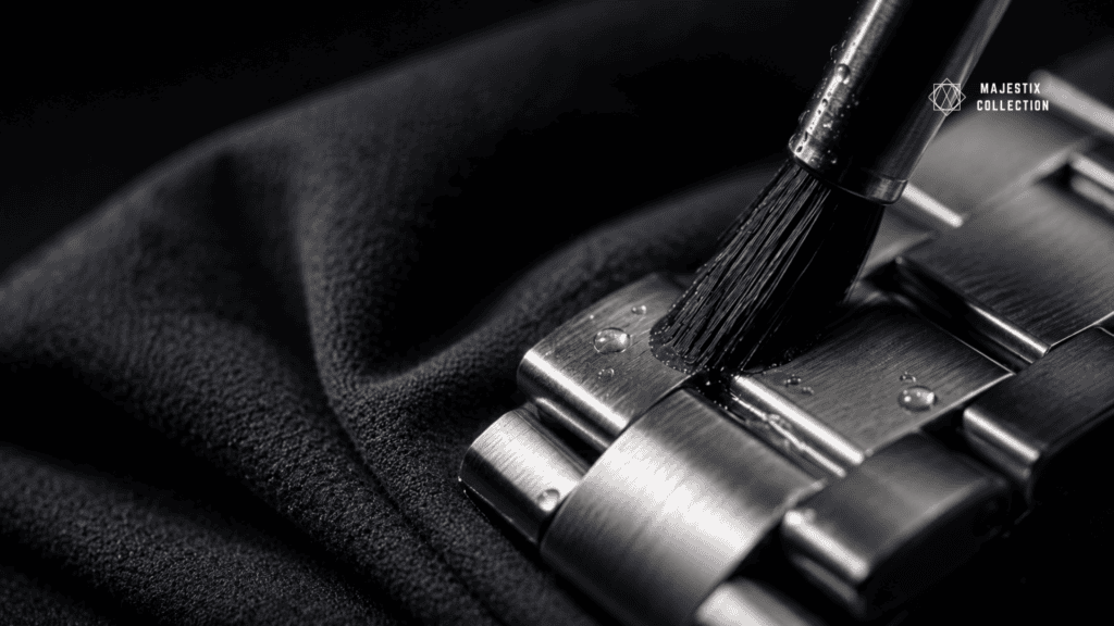 Soft brush cleaning dirt from between the links of a stainless steel watch bracelet