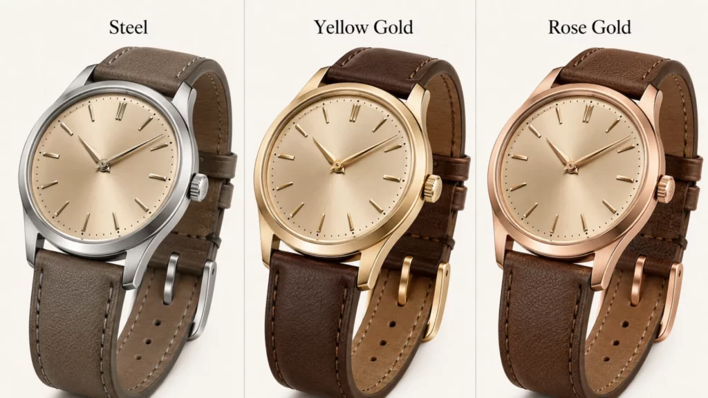 How case metal changes champagne dial strap choice across steel, yellow gold, and rose gold cases
