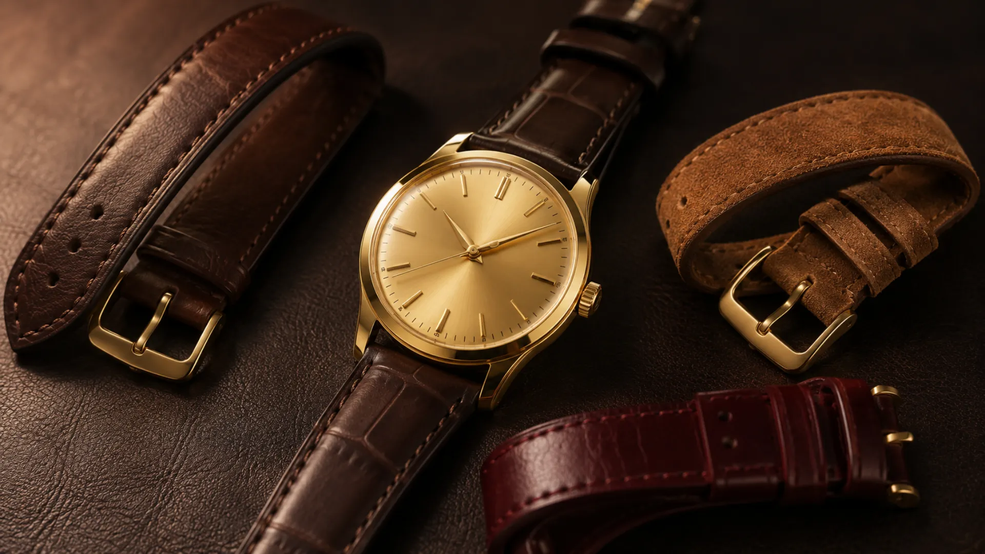 Champagne dial dress watch with warm brown, honey suede, and oxblood leather strap options arranged around it