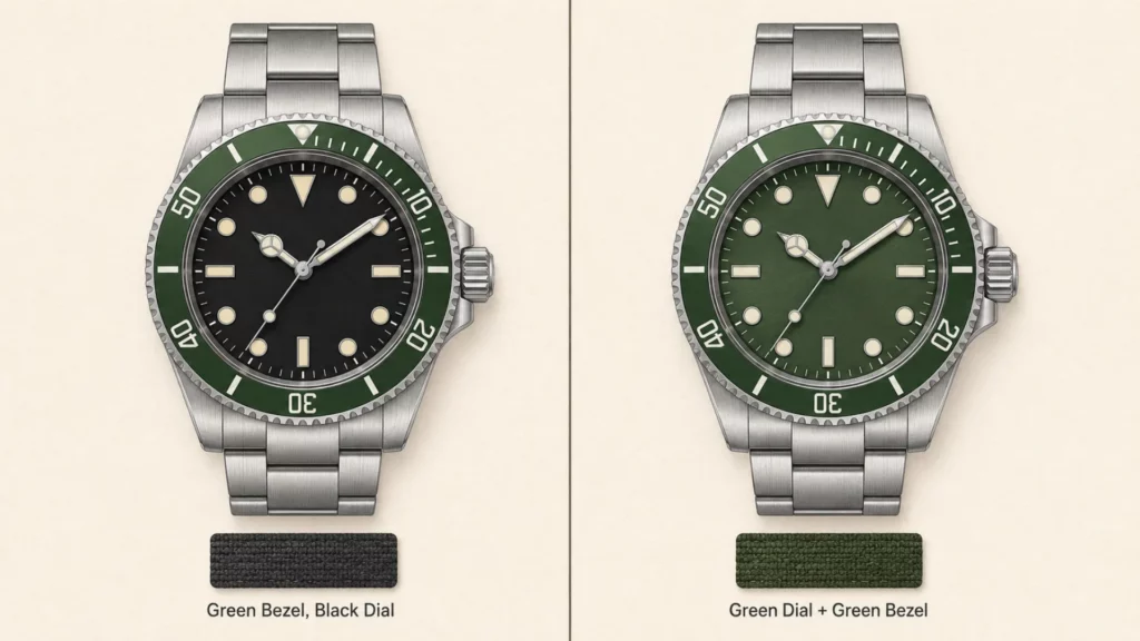 Chart pairing each green dial shade with its best strap color, from racing green to Hulk green Side-by-side comparison of a green bezel black dial watch versus a full green dial watch for strap choice
