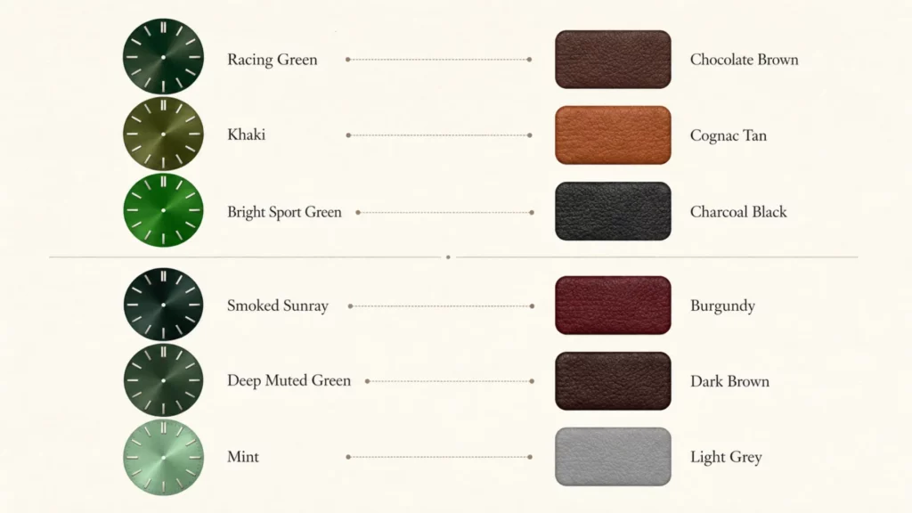 Chart pairing each green dial shade with its best strap color, from racing green to Hulk green