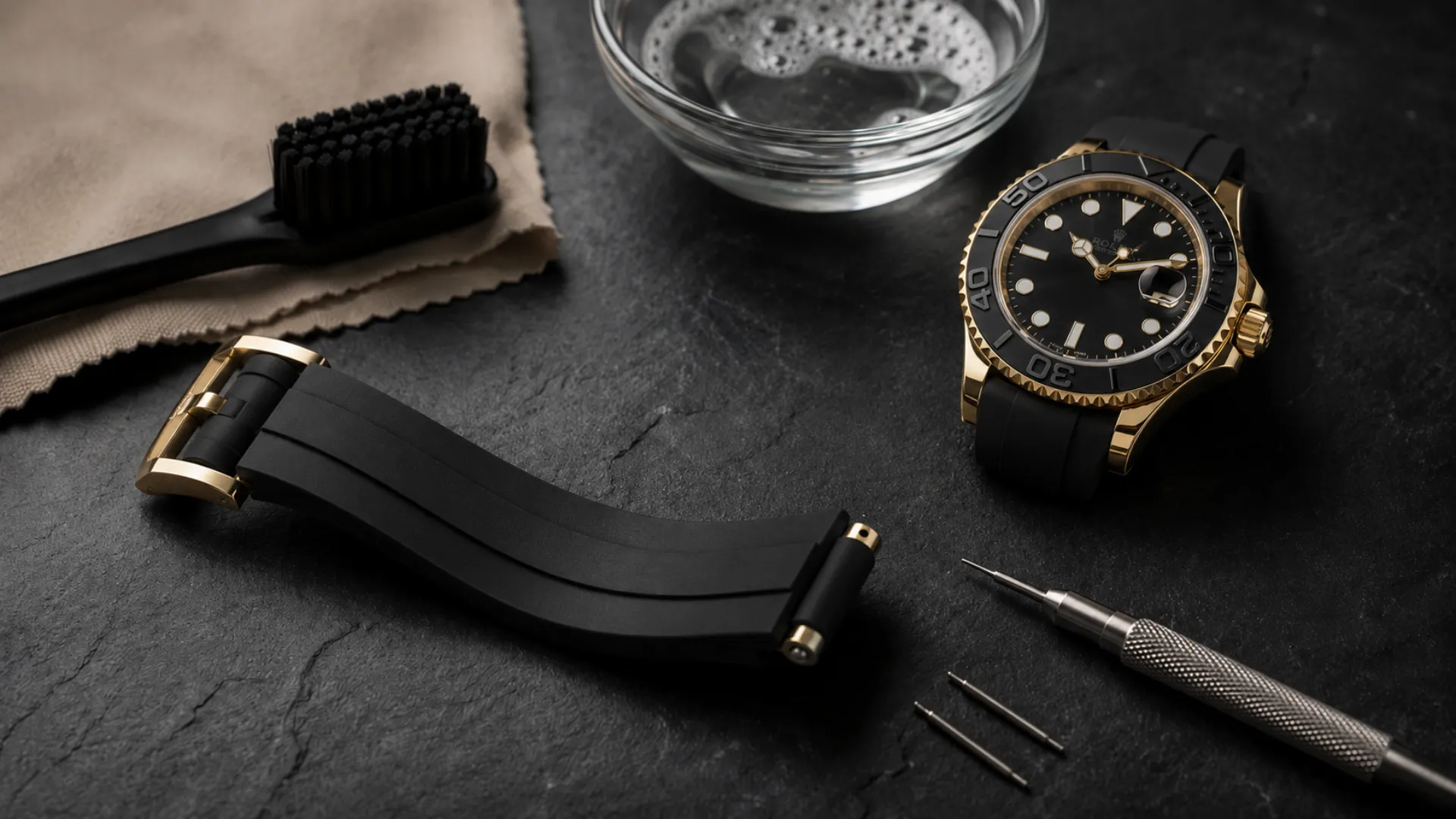 Luxury watch with rubber strap beside a soft brush and cloth for rubber watch strap care