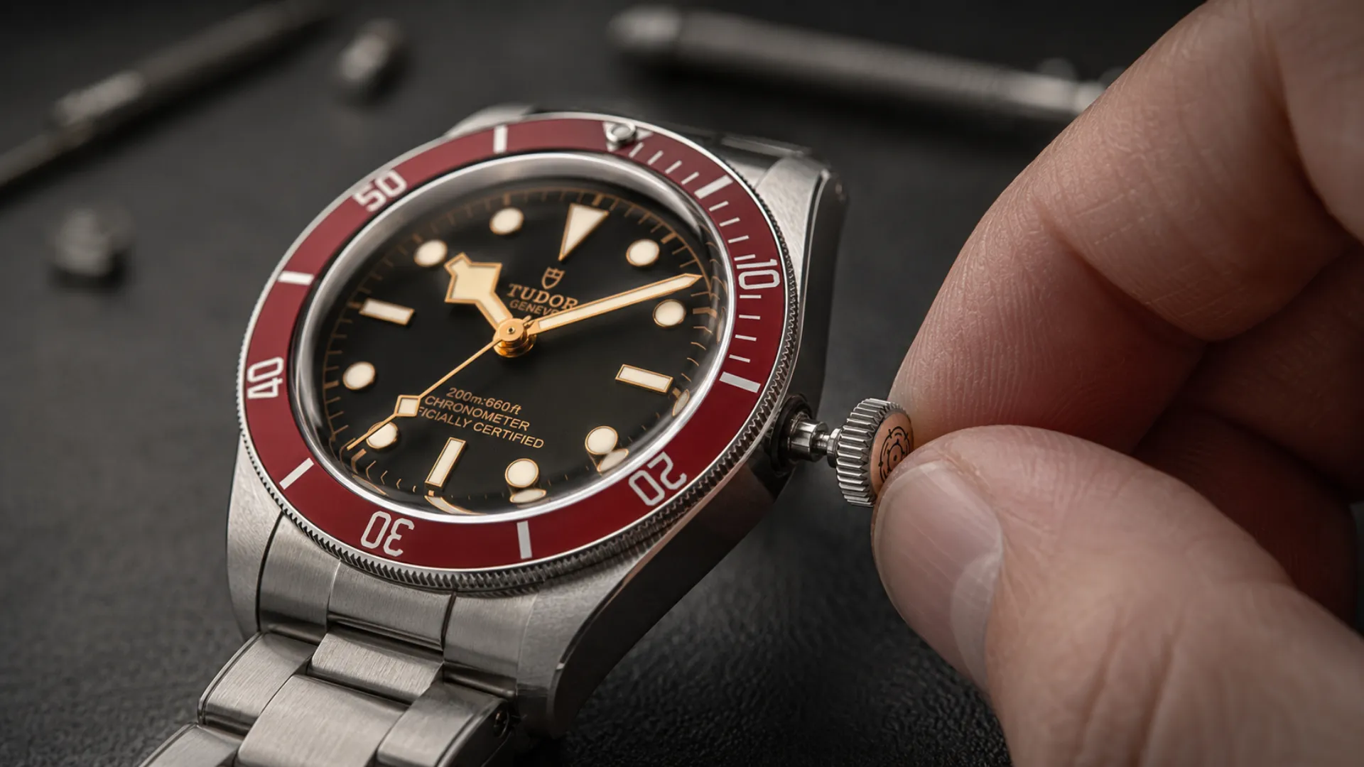 Setting the time on a Tudor Black Bay by adjusting the screw-down crown