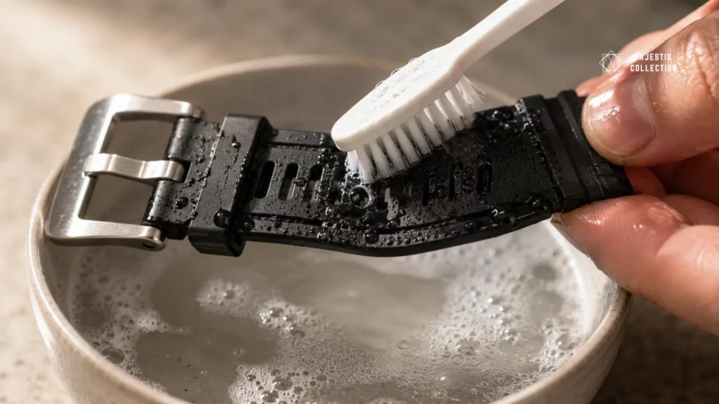 Cleaning a rubber watch strap with a soft toothbrush in warm soapy water