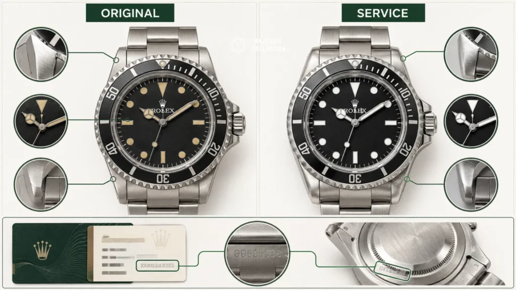 How to spot an original collectible Rolex: original vs service dial and unpolished vs polished lugs
