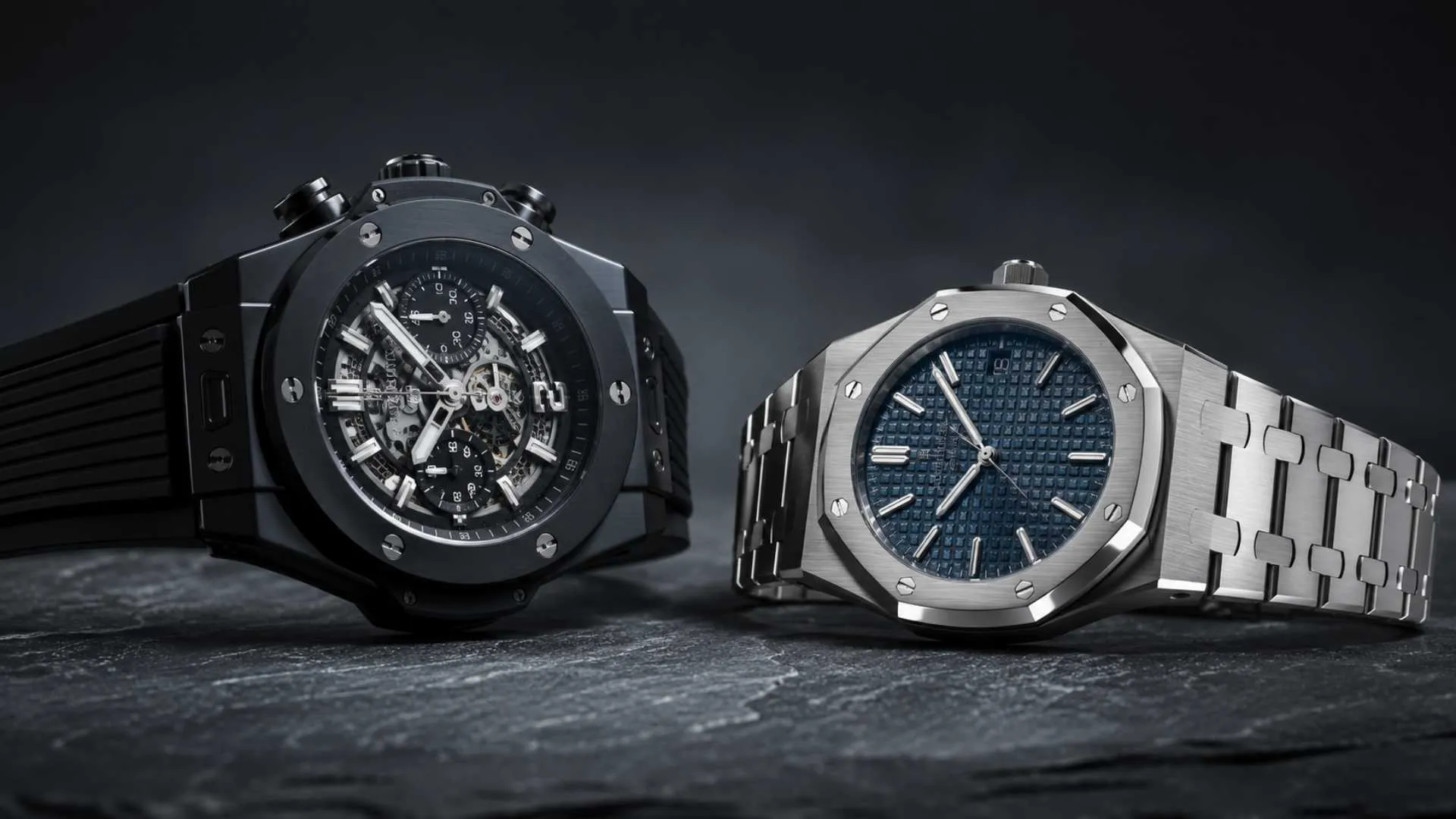 Hublot Big Bang vs AP Royal Oak side by side showing the ceramic Big Bang and steel Royal Oak