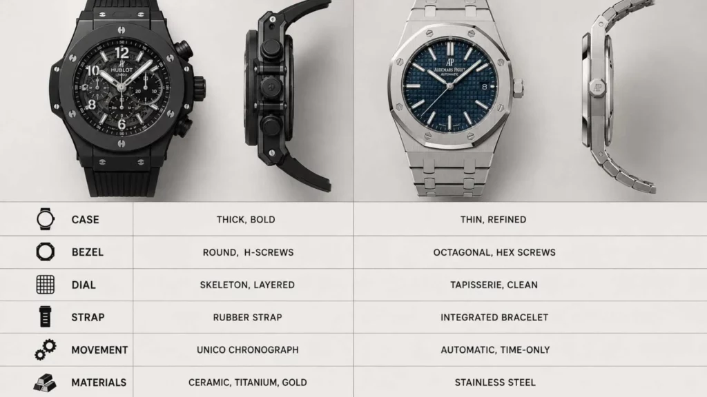 Comparison chart of Hublot Big Bang vs AP Royal Oak covering case, bezel, dial, strap, movement and materials