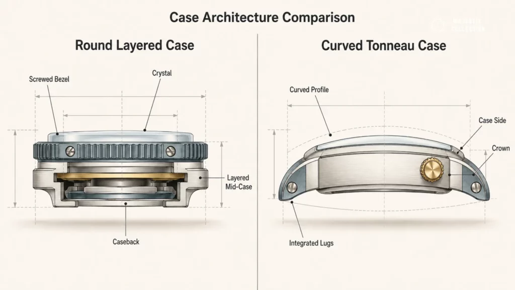 Illustration comparing Hublot round layered case and Richard Mille curved tonneau case shape