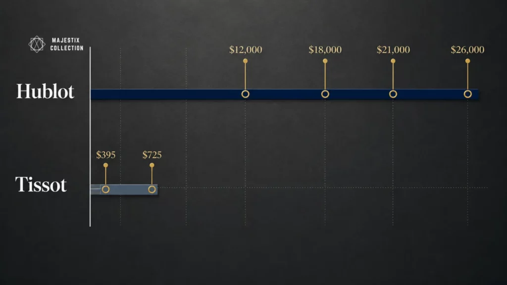Hublot vs Tissot price comparison showing retail and pre-owned market ranges in USD