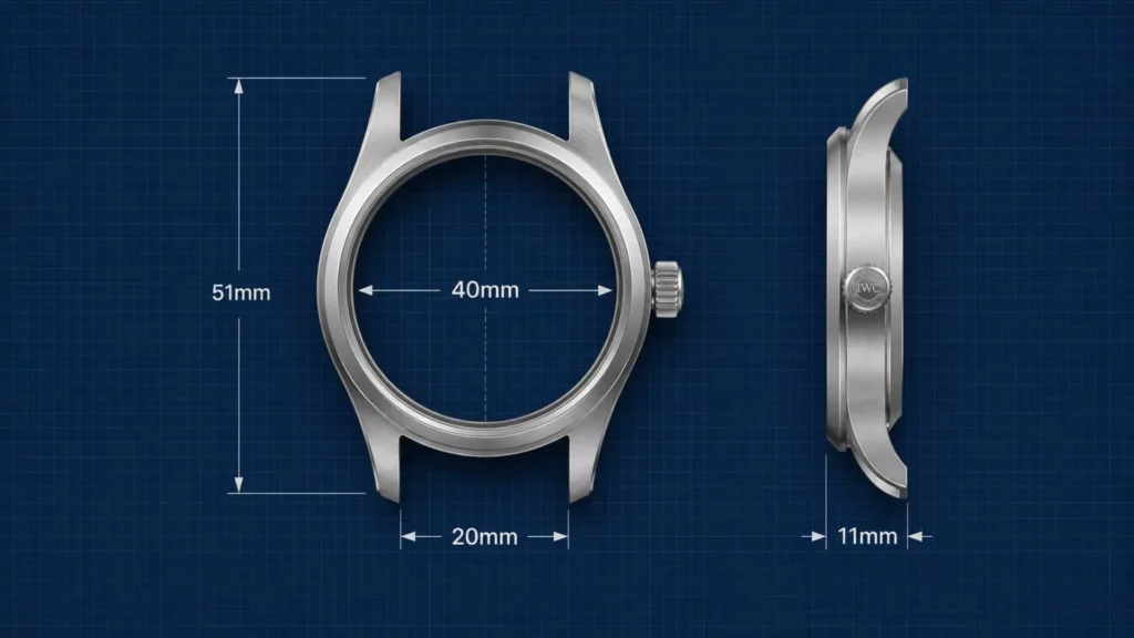 IWC Mark XVIII case dimensions diagram showing 40mm case and 51mm lug-to-lug measurement