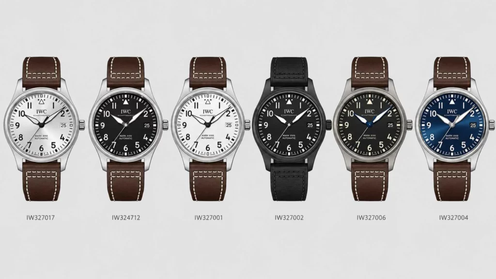 IWC Mark XVIII reference comparison showing silver, black, white, and ceramic dial variants