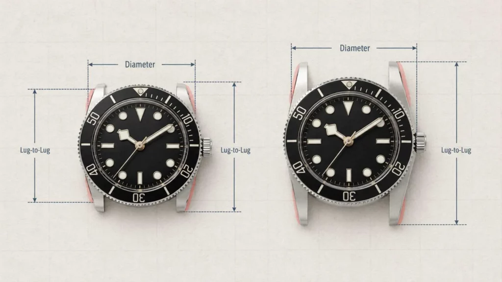 Diagram comparing lug-to-lug length and case diameter on a dive watch