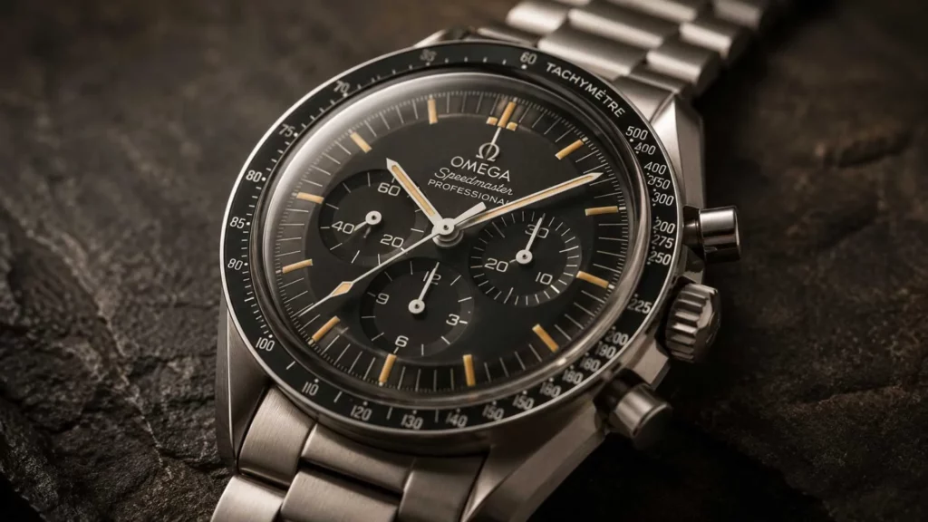 Vintage Omega Speedmaster pre-moon chronograph with aged tritium lume and black stepped dial
