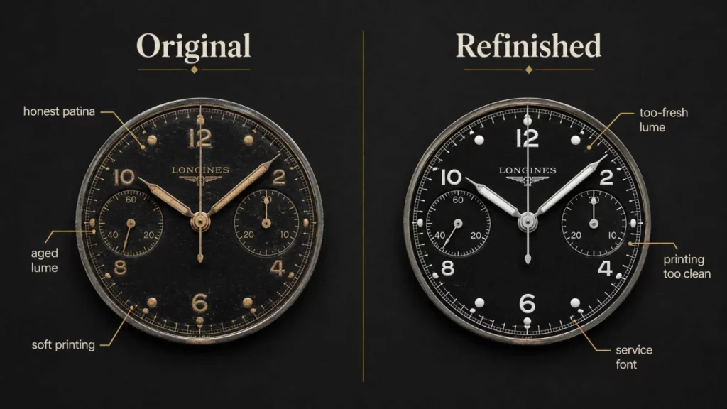 Comparison of an original patinated vintage watch dial versus a refinished service dial