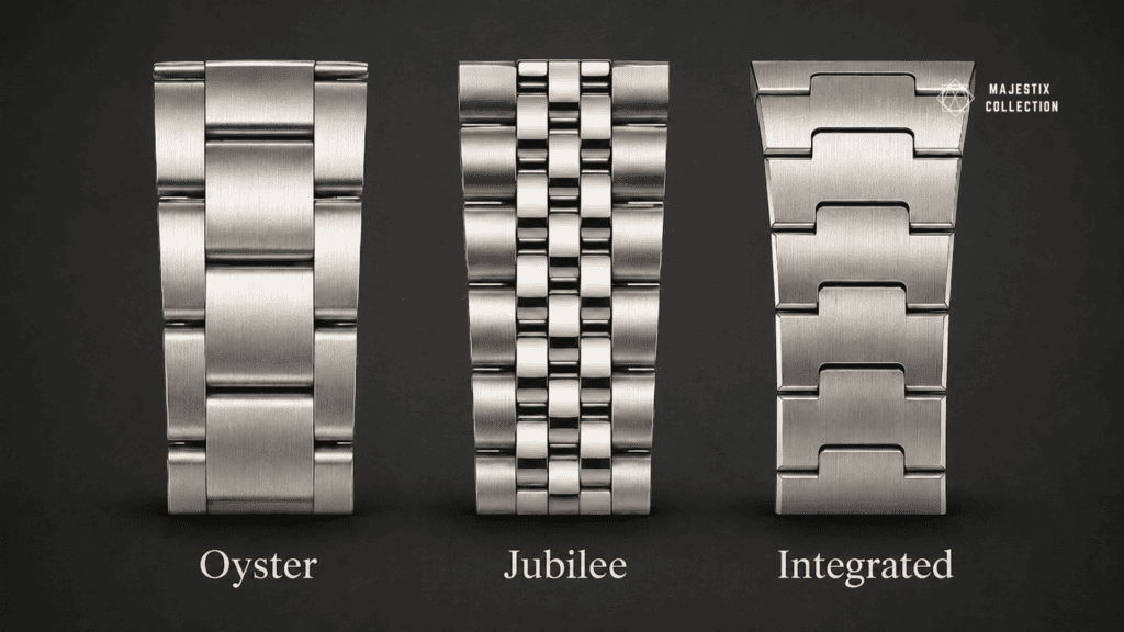 Comparison of Oyster, Jubilee, and integrated stainless steel watch bracelet link constructions