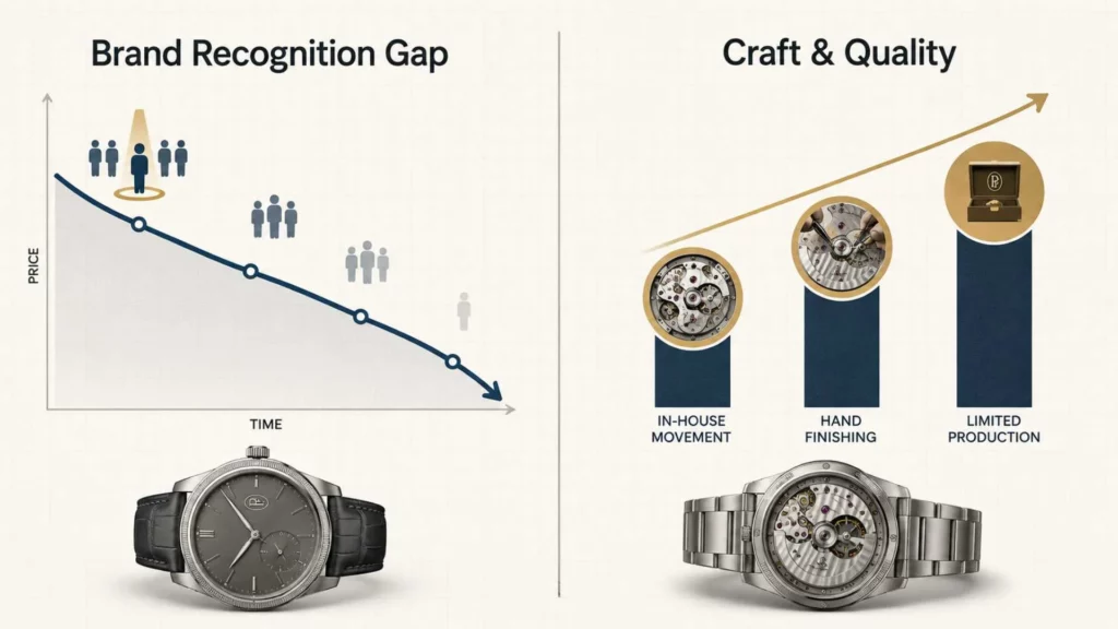Illustration showing why Parmigiani Fleurier depreciates compared to Rolex and Patek Philippe