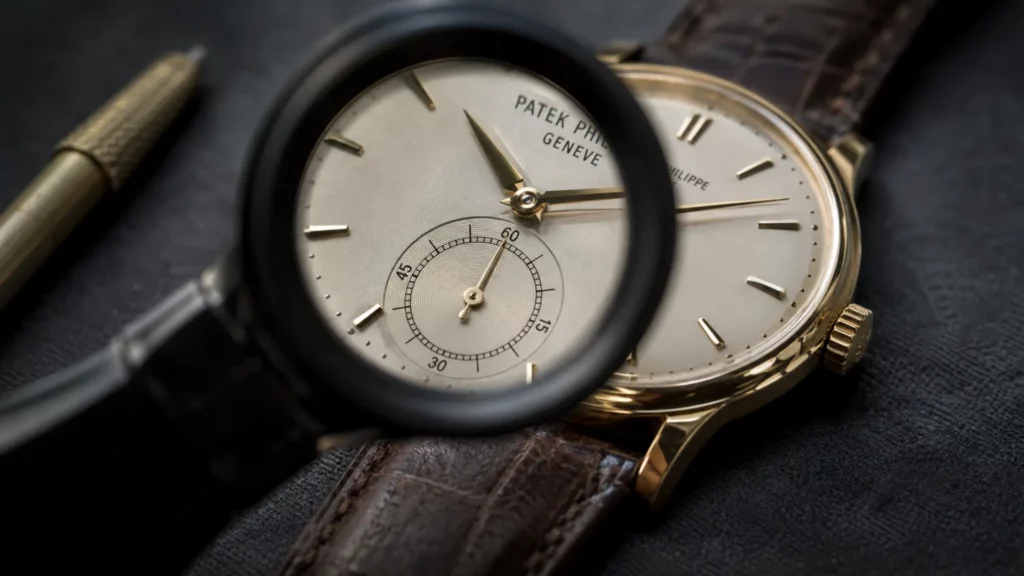 Inspecting a pre-owned Patek Philippe Calatrava dial under a loupe for originality