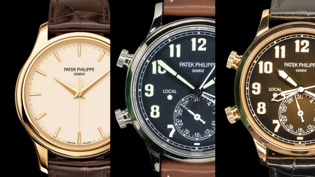 Patek Philippe Calatrava case metals compared: yellow, white, and rose gold side by side