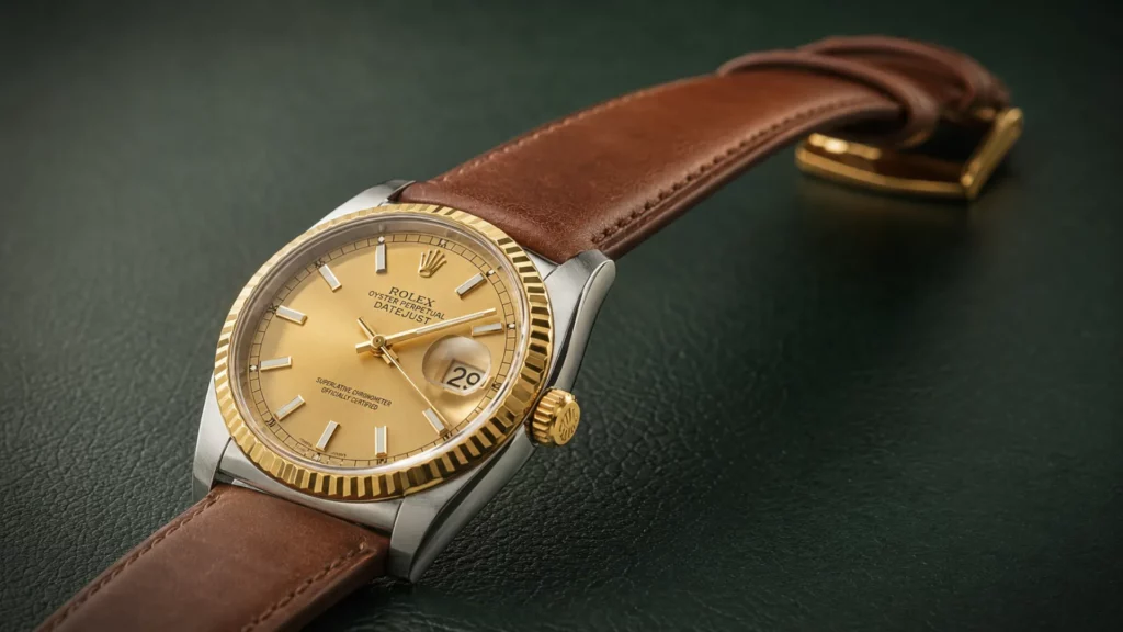 Rolex Datejust 36 116233 champagne dial two-tone on warm brown leather strap with gold buckle
