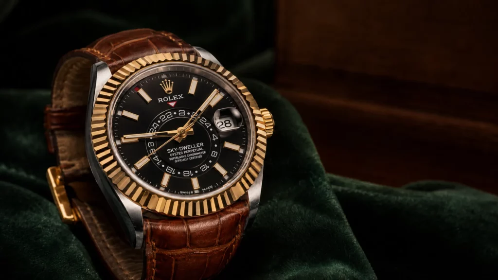 Two-tone yellow gold Rolex Sky-Dweller 42mm on a cognac alligator strap with a gold buckle, dressed for evening