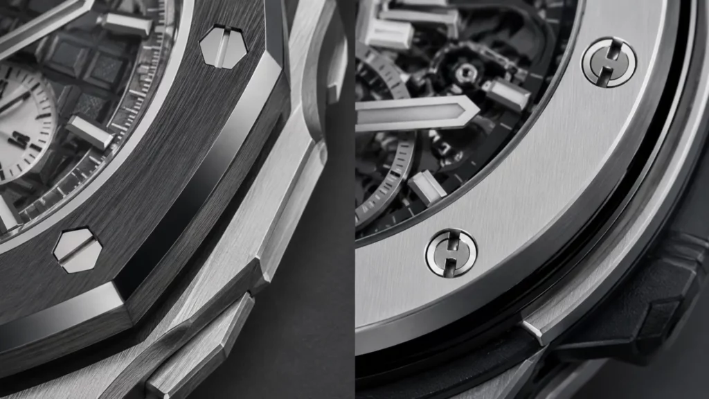 Royal Oak Offshore octagonal bezel with hexagonal screws next to Hublot Big Bang porthole bezel