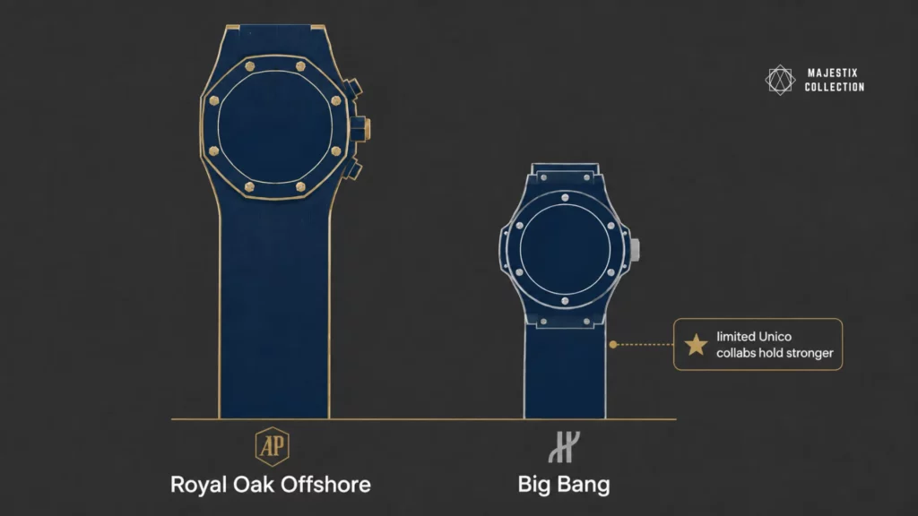 Resale value comparison chart of Audemars Piguet Royal Oak Offshore versus Hublot Big Bang