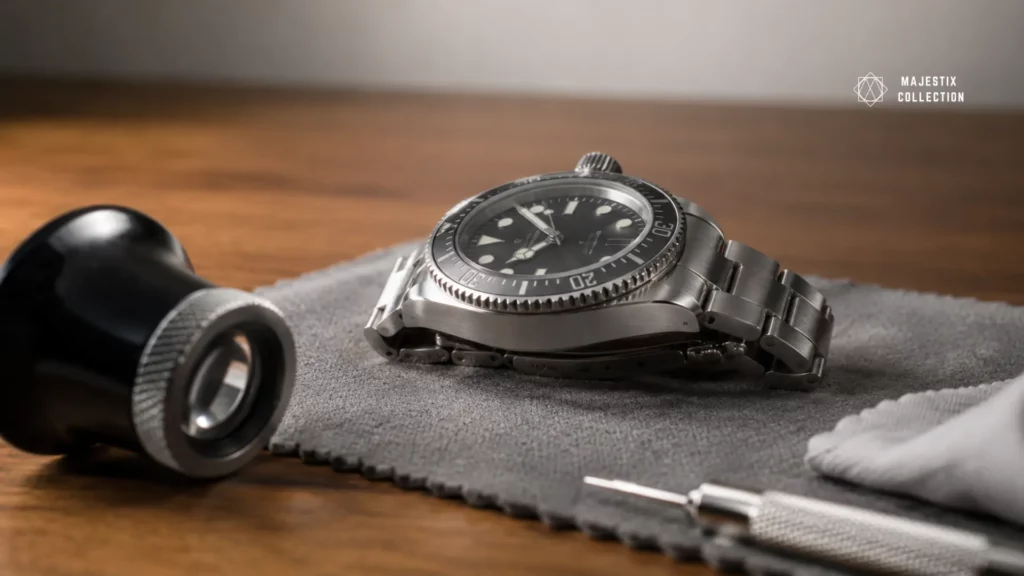 Steel bezel watch under loupe inspection on a dealer bench, checking finish and refinishing marks