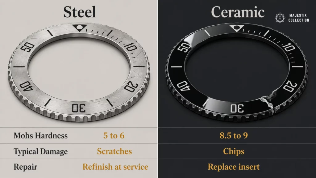 Steel bezel vs ceramic bezel comparison showing Mohs hardness, scratch behavior, and repairability